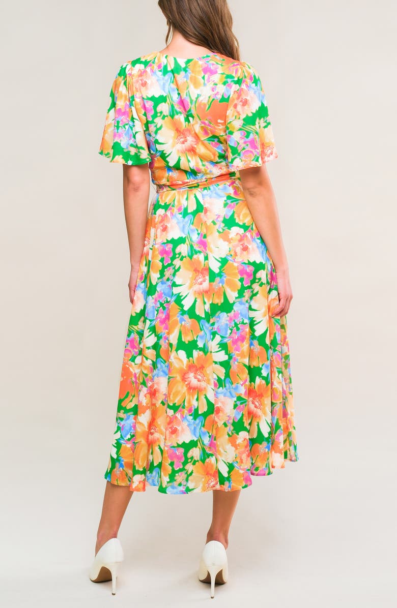 FLYING TOMATO Floral Flutter Sleeve Wrap Midi Dress, Alternate, color, Green