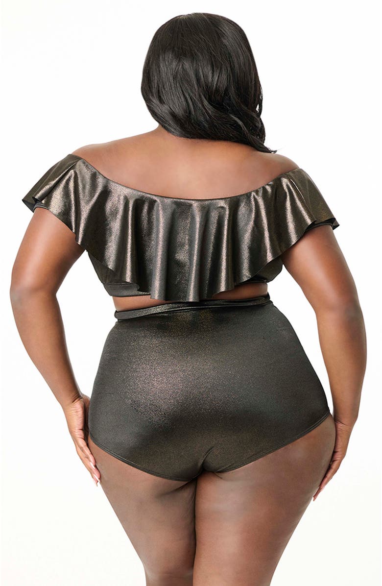 Unique Vintage Plus Size Ruffled Ramona Swim Top, Alternate, color, Black Gold Shimmer