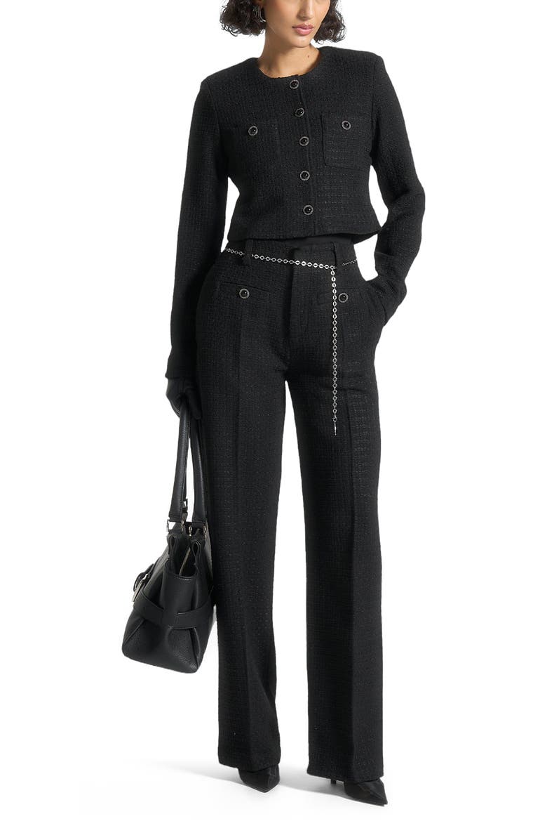 Manière De Voir Celine Cropped Tweed Jacket with Pearls, Alternate, color, Black