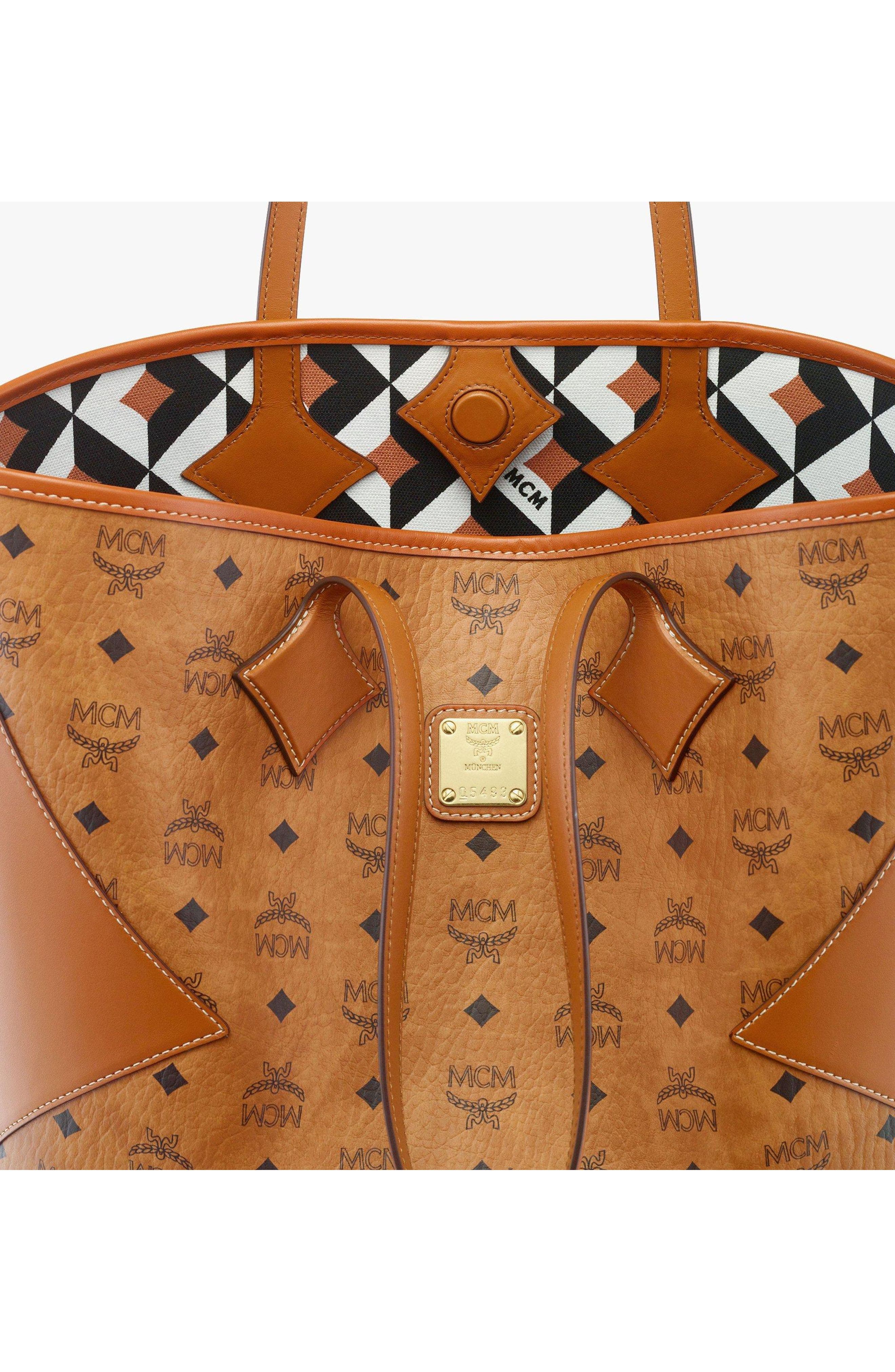 MCM Large Dia Shopper in Visetos Leather Mix, Alternate, color, Cognac