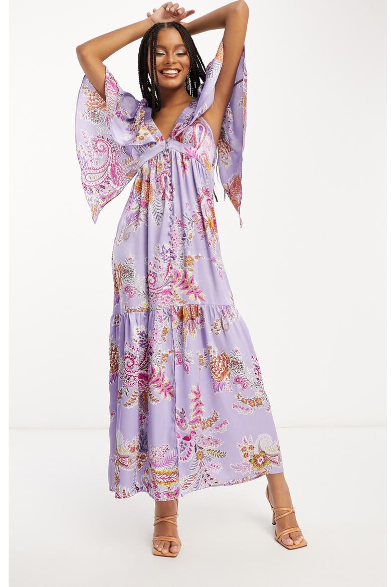 Floral Print Flutter Sleeve Satin Maxi Dress, Alternate, color, PURPLE MULTI