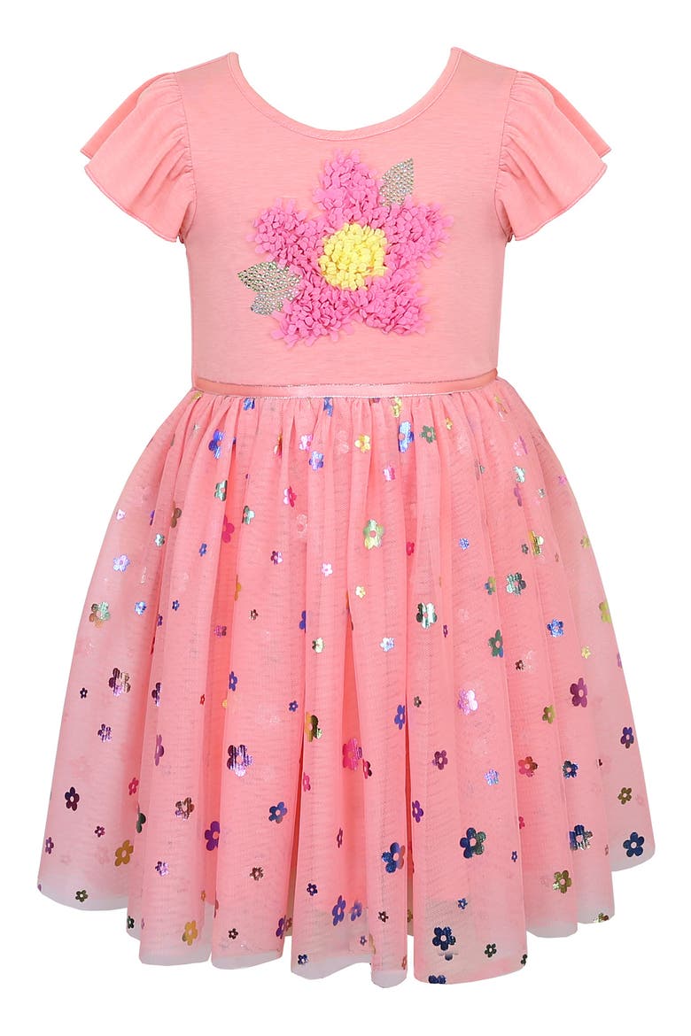 Kids' Flutter Sleeve Floral Appliqué Dress, Main, color, CORAL