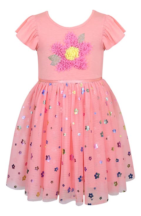 Kids' Flutter Sleeve Floral Appliqué Dress (Toddler & Little Kid)