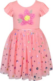 Zunie Kids' Flutter Sleeve Floral Appliqué Dress