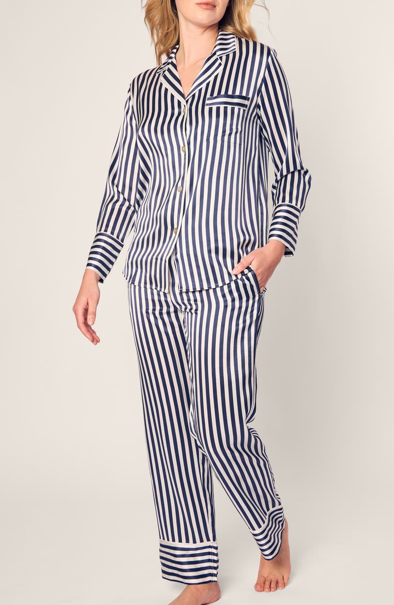Petite Plume Bengal Stripe Silk Pajamas, Main, color, Navy