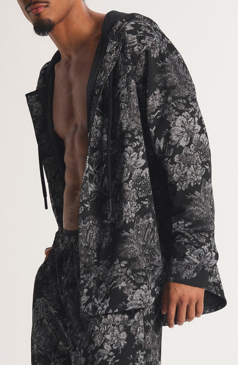 SAVAGE X FENTY Bold Bloom Hooded Snap-Up Shirt, Alternate, color, Black Caviar