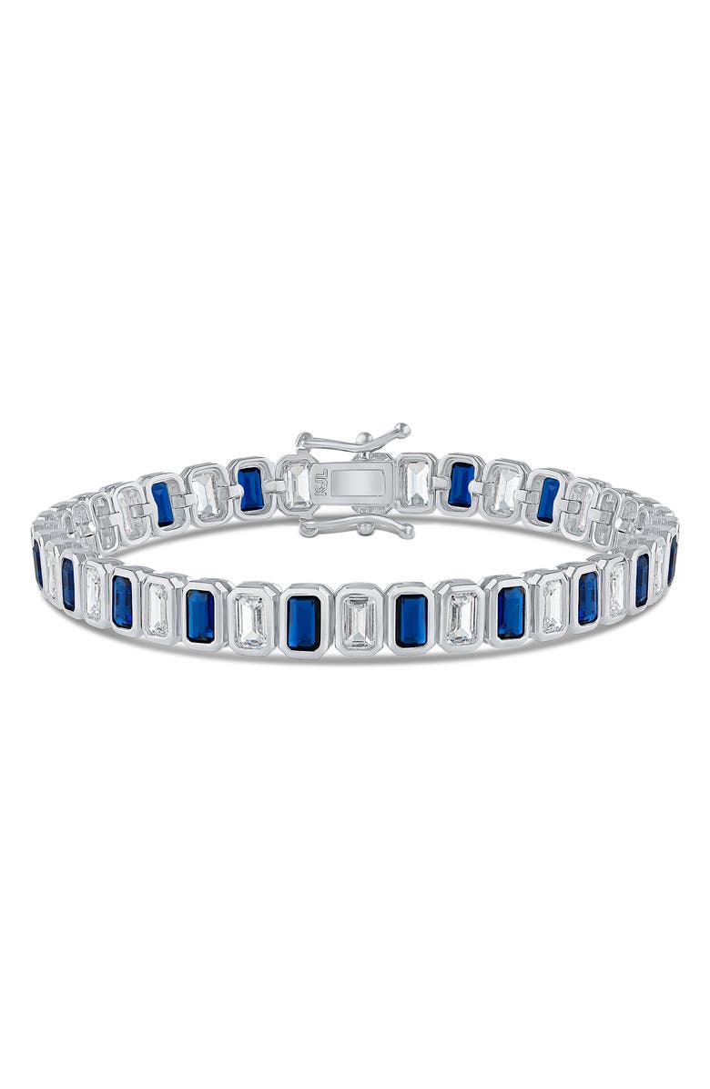 CZ by Kenneth Jay Lane Bezel Set Emerald Cut Cubic Zirconia Tennis Bracelet, Main, color, Blue/ Silver