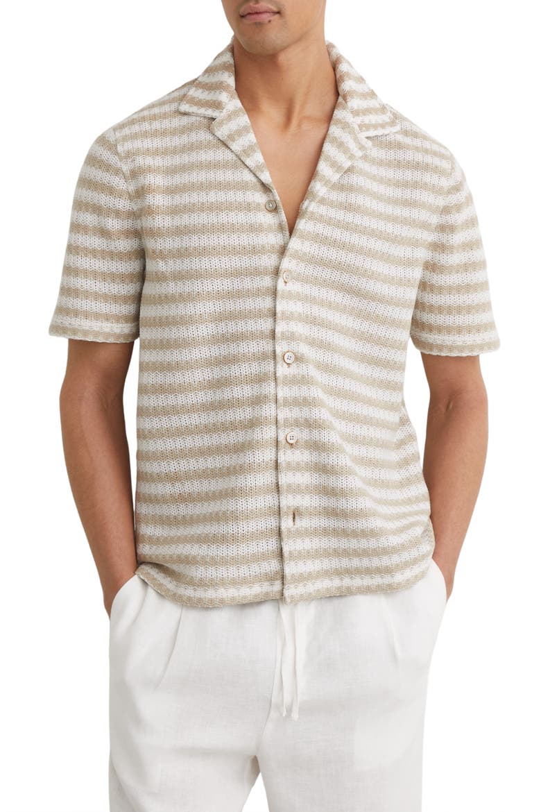 Island Striped Knit Button-Up Shirt, Main, color, WHITE/ OATMEAL