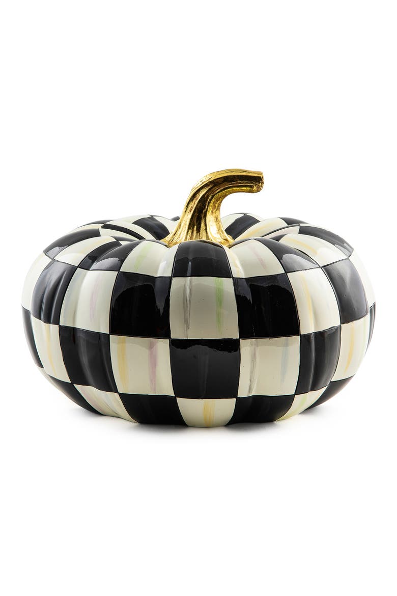 Courtly Check Squashed Glossy Pumpkin Ornament, Main, color, BLACK