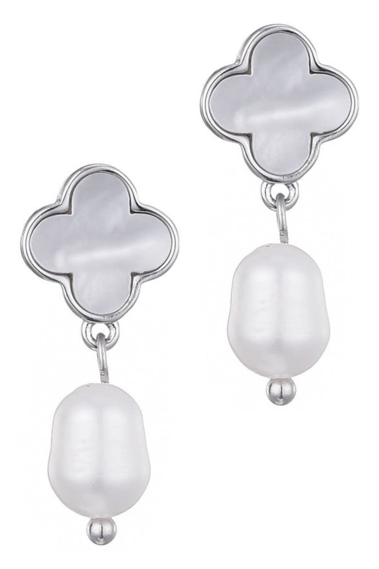 Mother-of-Pearl Clover & Faux Pearl Earrings, Main, color, SILVER-WHITE
