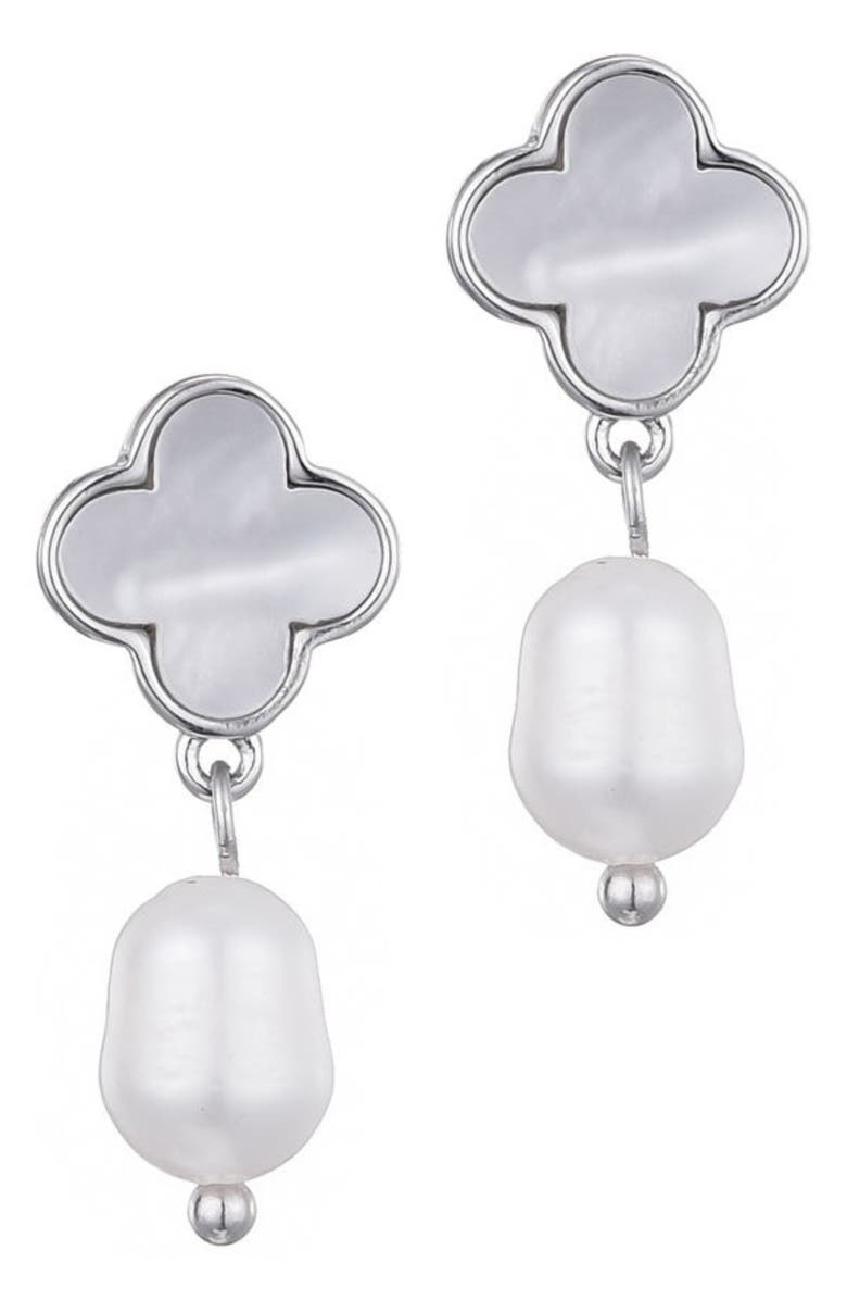 Adornia Mother-of-Pearl Clover & Faux Pearl Earrings, Main, color, Silver-White