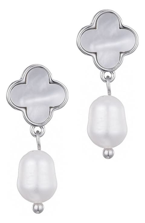 Mother-of-Pearl Clover & Faux Pearl Earrings