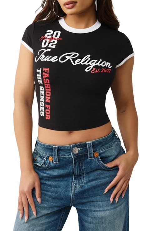 Sporty Contrast Crop Stretch Cotton Graphic T-Shirt