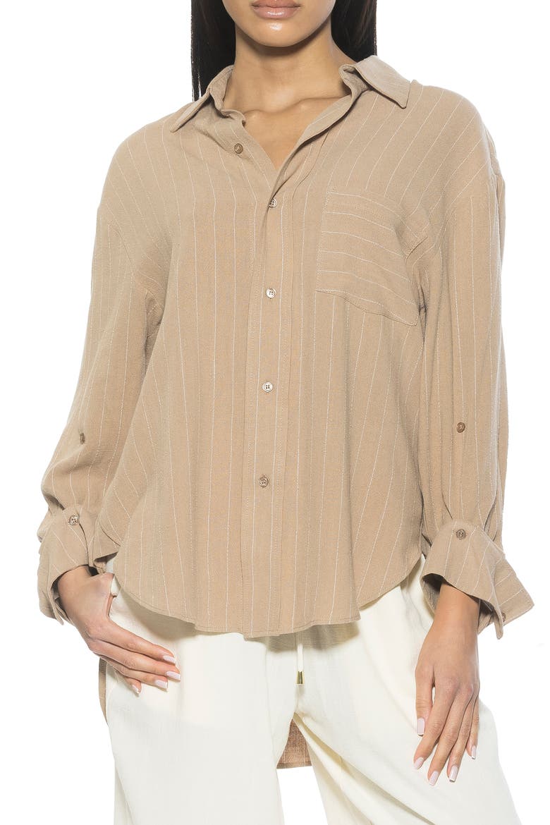Amber Stripe High-Low Button-Up Shirt, Main, color, BEIGE STRIPE