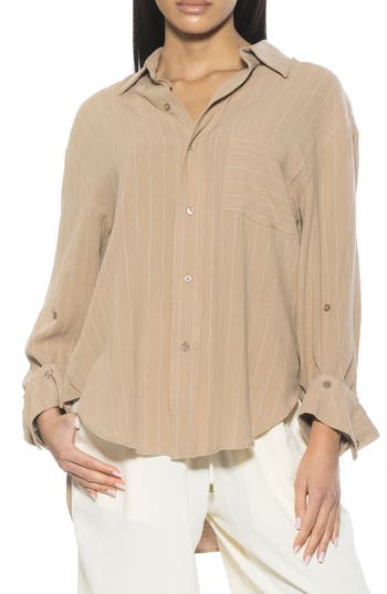 Alexia Admor Amber Stripe High-low Button-up Shirt In Beige Stripe