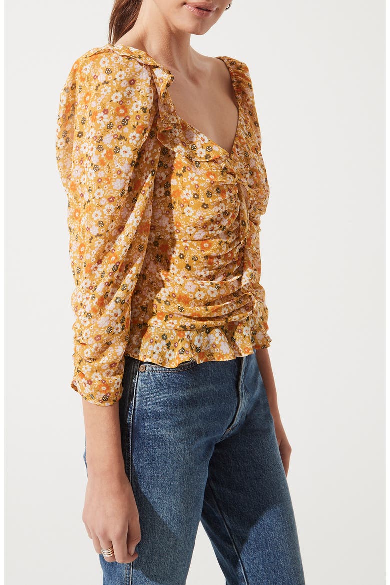 Ruched Sleeve Blouse, Alternate, color, MUSTARD ORANGE DISTY