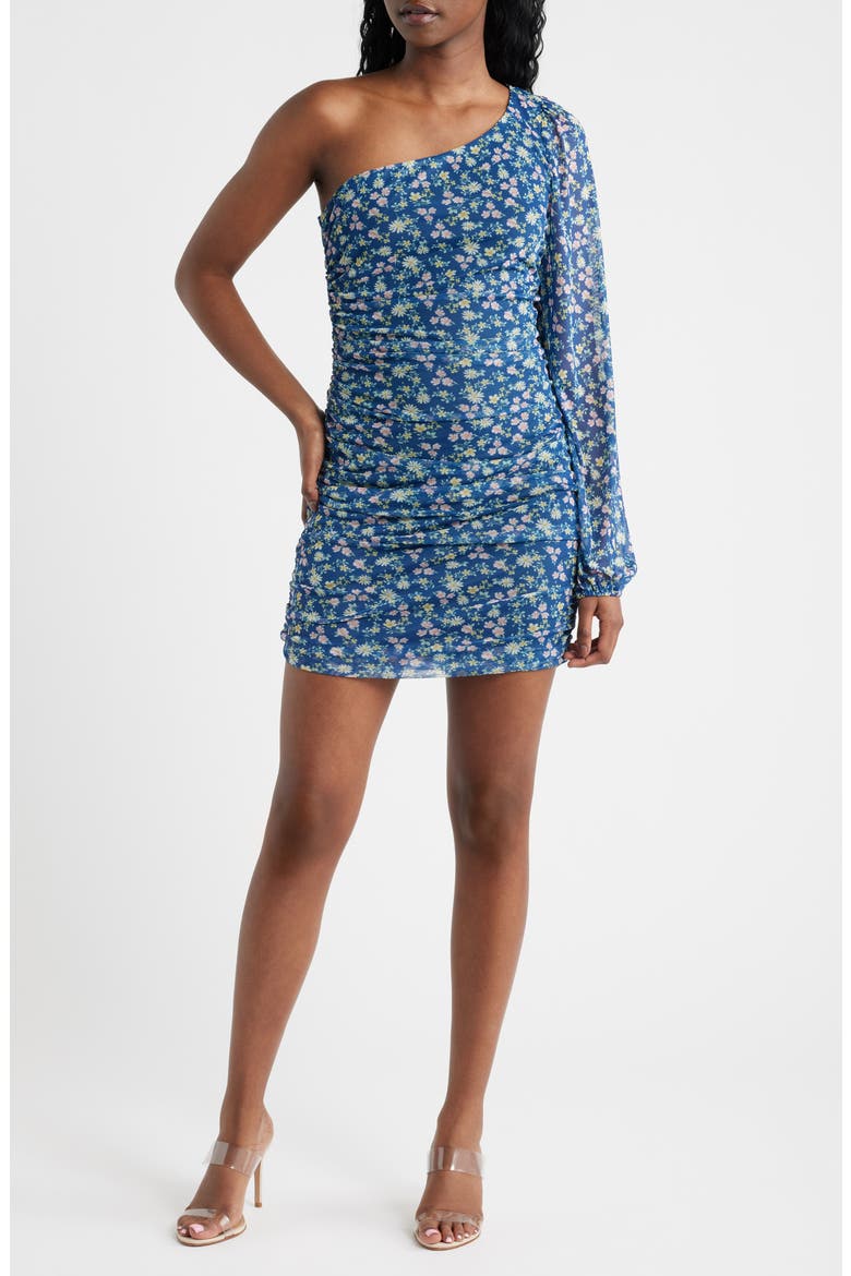 Print Mesh Shirred One-Shoulder Dress, Main, color, NAVY