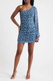 Jump Apparel Print Mesh Shirred One-Shoulder Dress