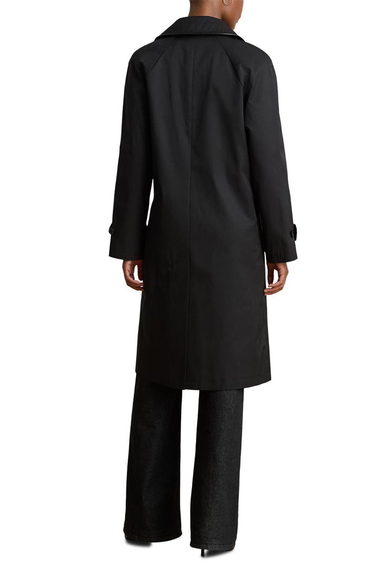 Balmacaan Single Breasted Raincoat with Faux Leather Trim, Alternate, color, BLACK