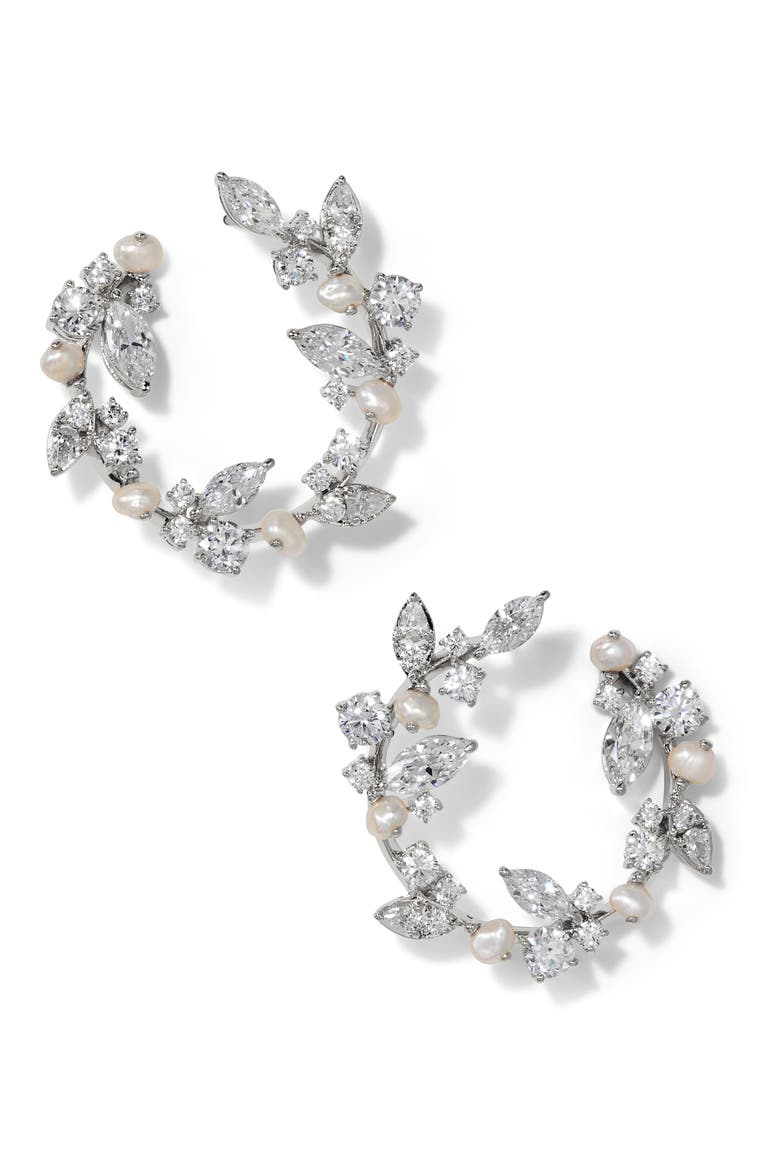 Ravish Crystal & Pearl Frontal Hoop Earrings, Main, color, RHODIUM