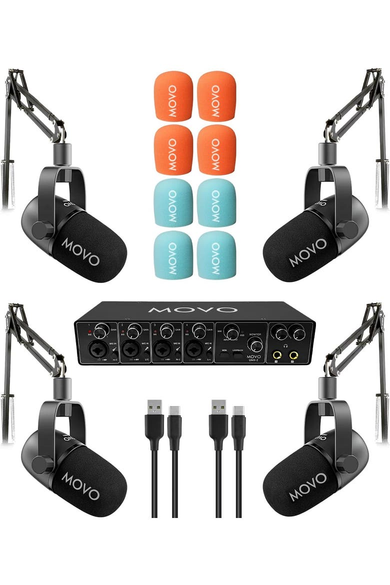 Four Person Podcast Equipment Bundle with 4 Channel USB Audio Interface, 4 CastMic Dynamic Microphones, and 4 Boom Arms, Main, color, Black