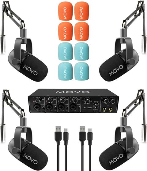 Four Person Podcast Equipment Bundle with 4 Channel USB Audio Interface, 4 CastMic Dynamic Microphones, and 4 Boom Arms