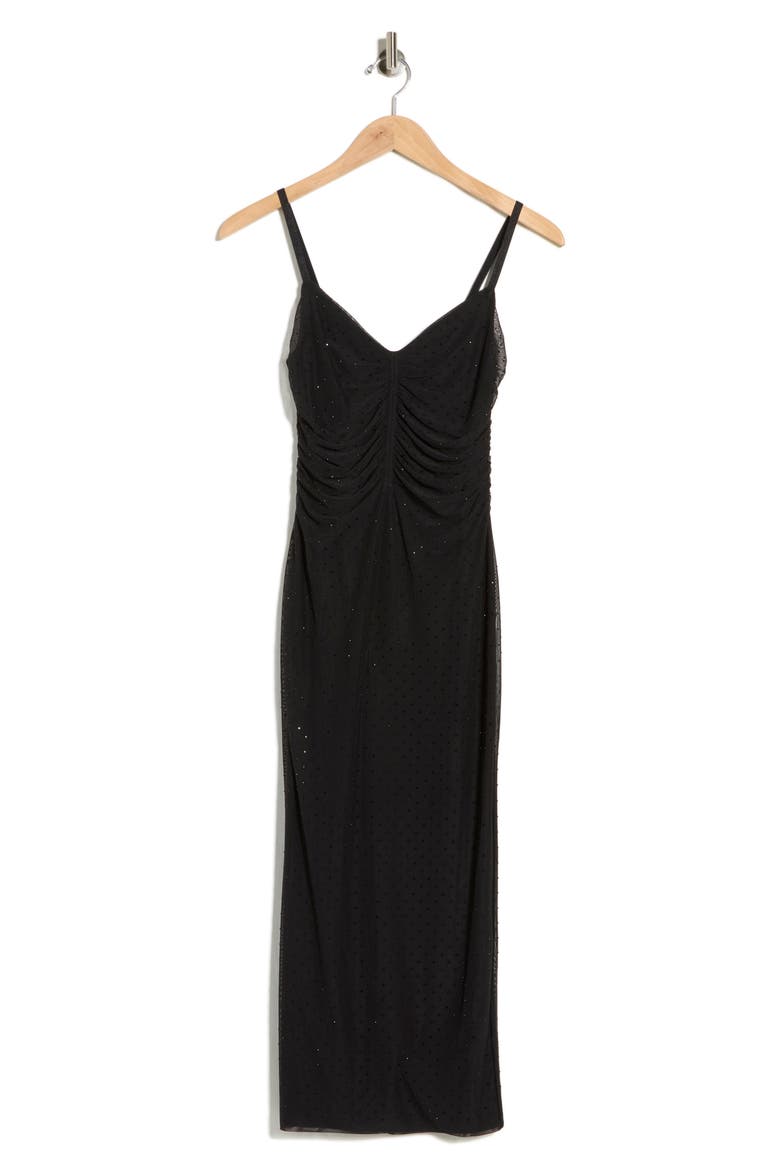 Narissa Rhinestone Embellished Shirred Mesh Midi Dress, Alternate, color, BLACK