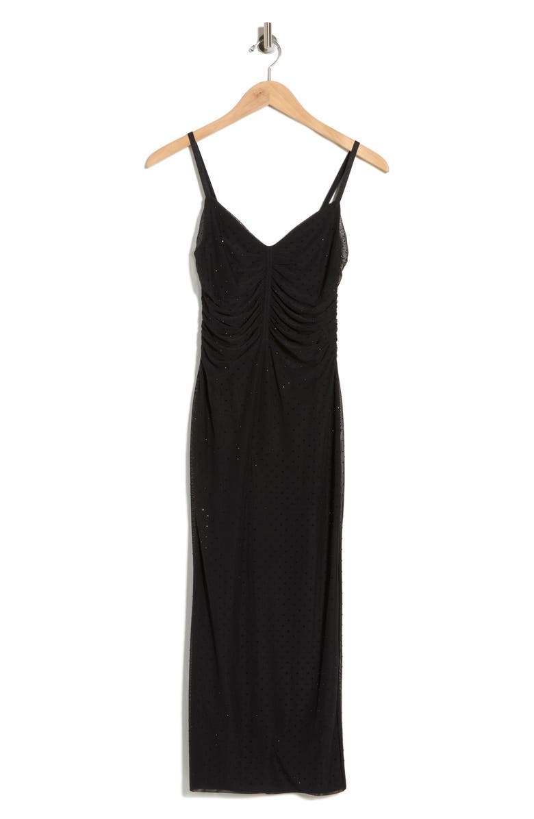 L'AGENCE Narissa Rhinestone Embellished Shirred Mesh Midi Dress, Main, color, Black