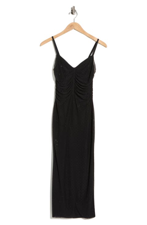 Narissa Rhinestone Embellished Shirred Mesh Midi Dress