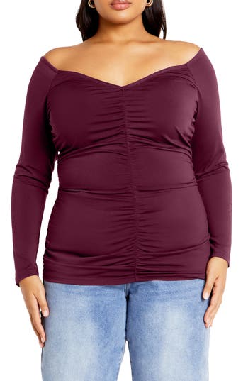 City Chic Sally Ruched Off The Shoulder Top In Burgundy