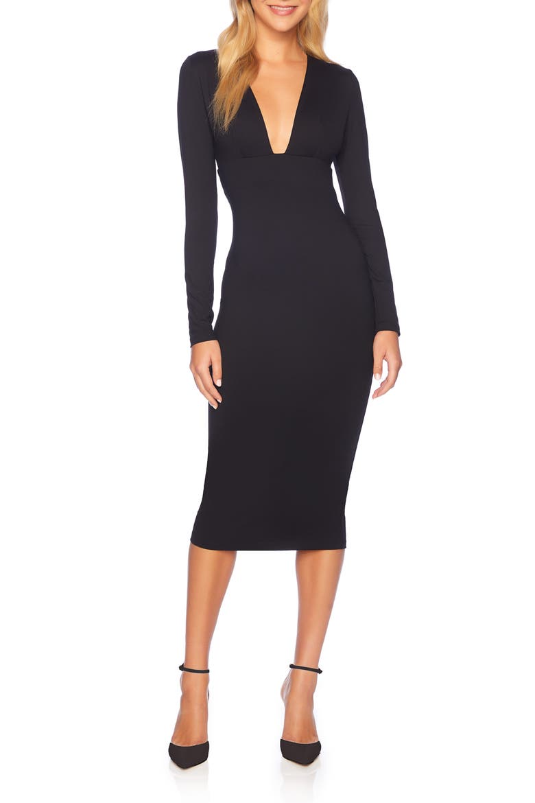 Deep V-Neck Long Sleeve Dress, Main, color, BLACK