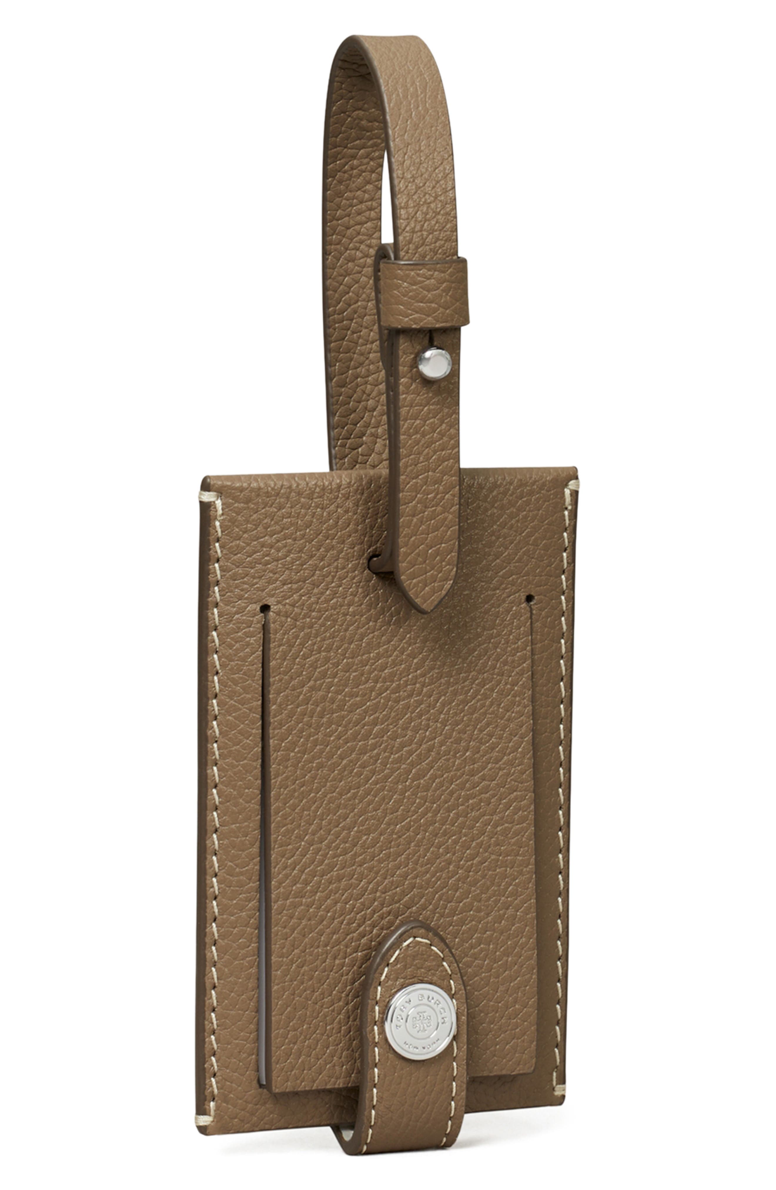 Tory Burch Leather Luggage Tag, Alternate, color, Wild Mushroom