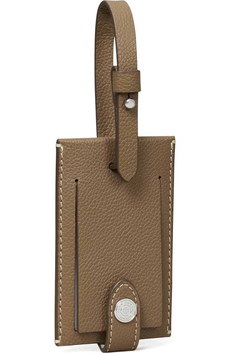 Tory Burch Leather Luggage Tag, Alternate, color, Wild Mushroom