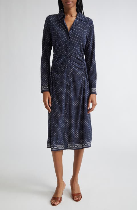Lex Mixed Print Long Sleeve Stretch Silk Shirtdress