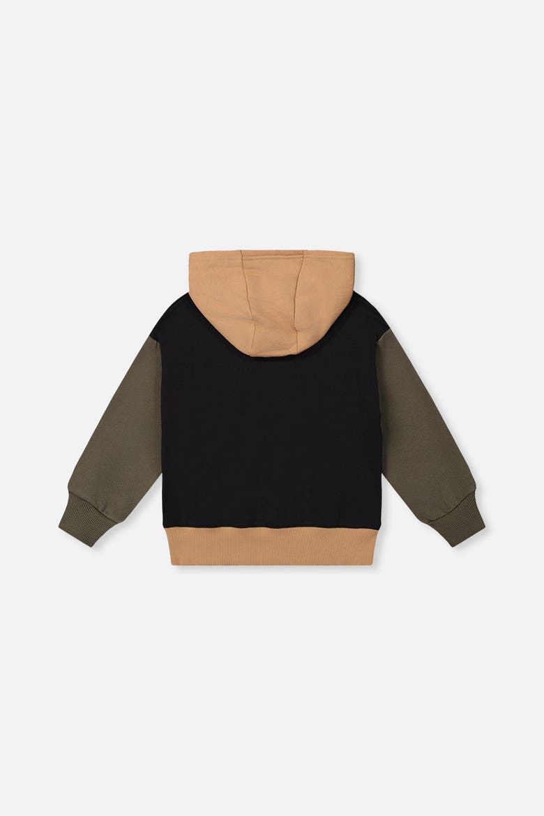 Hooded Colorblock Kangaroo Pocket Fleece Cardigan, Alternate, color, Black, Green and Beige