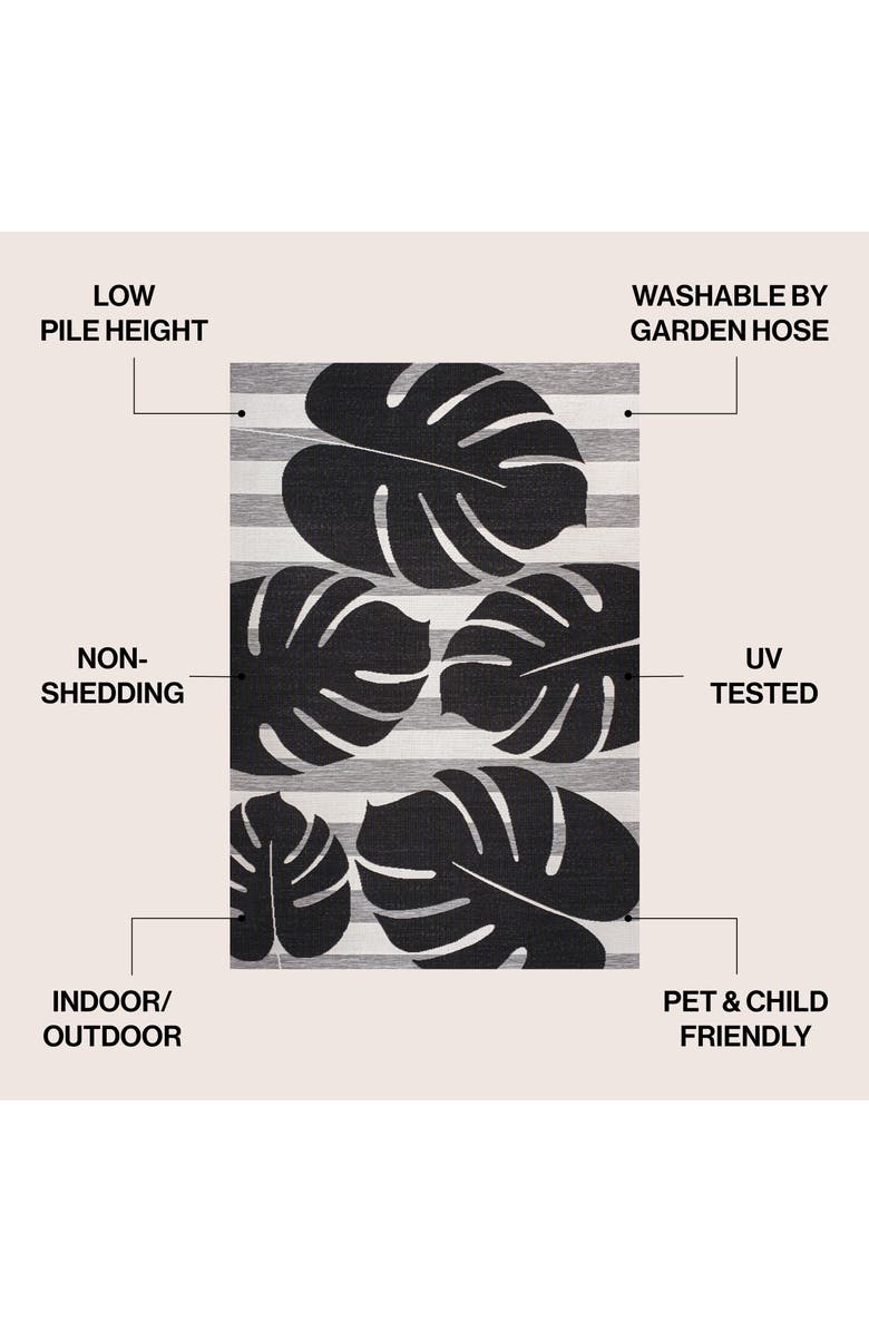 JONATHAN Y Allison Classic Beach Stripe and Monstera Leaf Indoor/Outdoor Area Rug, Alternate, color, Black/Gray