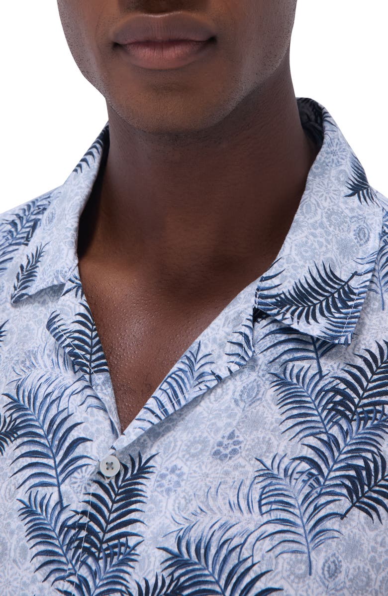 Bugatchi Jackson Floral Leaf Print Linen Camp Shirt, Alternate, color, Teal