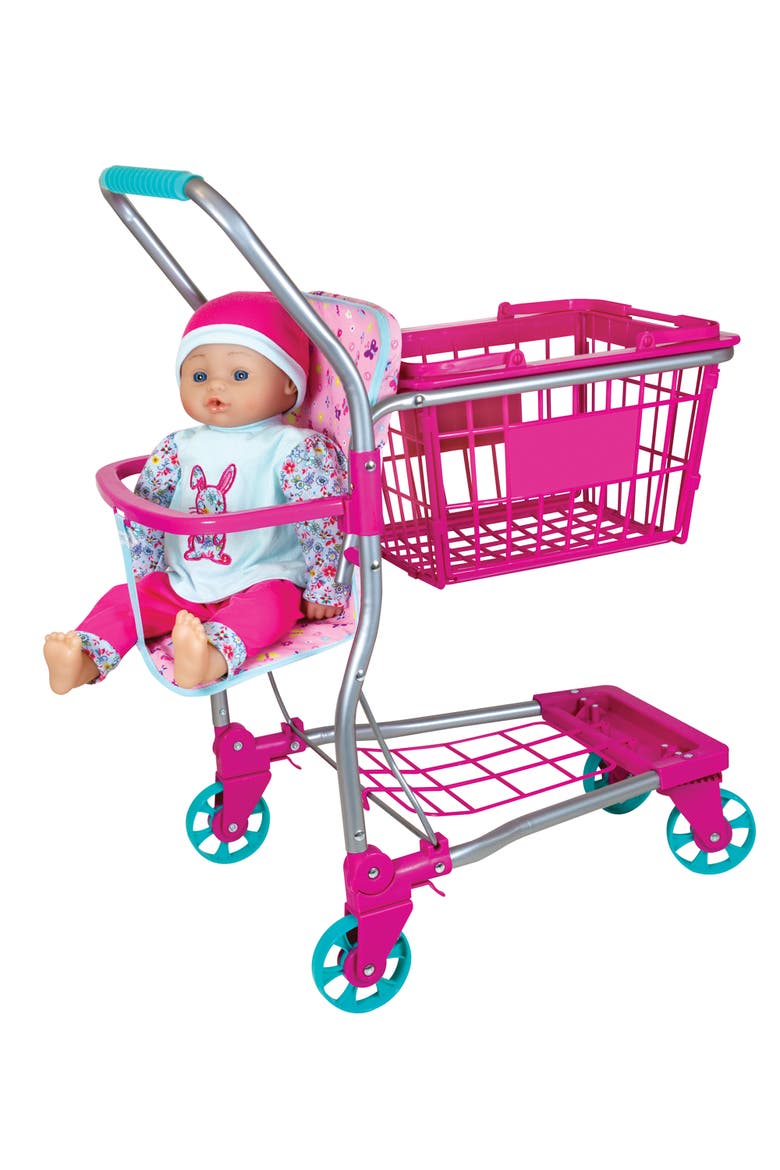16 Inch Baby Doll & Shopping Cart Set, Pink & Blue Bunny Outfit, Trolley, Main, color, Multicolored