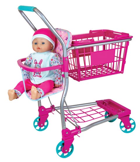 16 Inch Baby Doll & Shopping Cart Set, Pink & Blue Bunny Outfit, Trolley