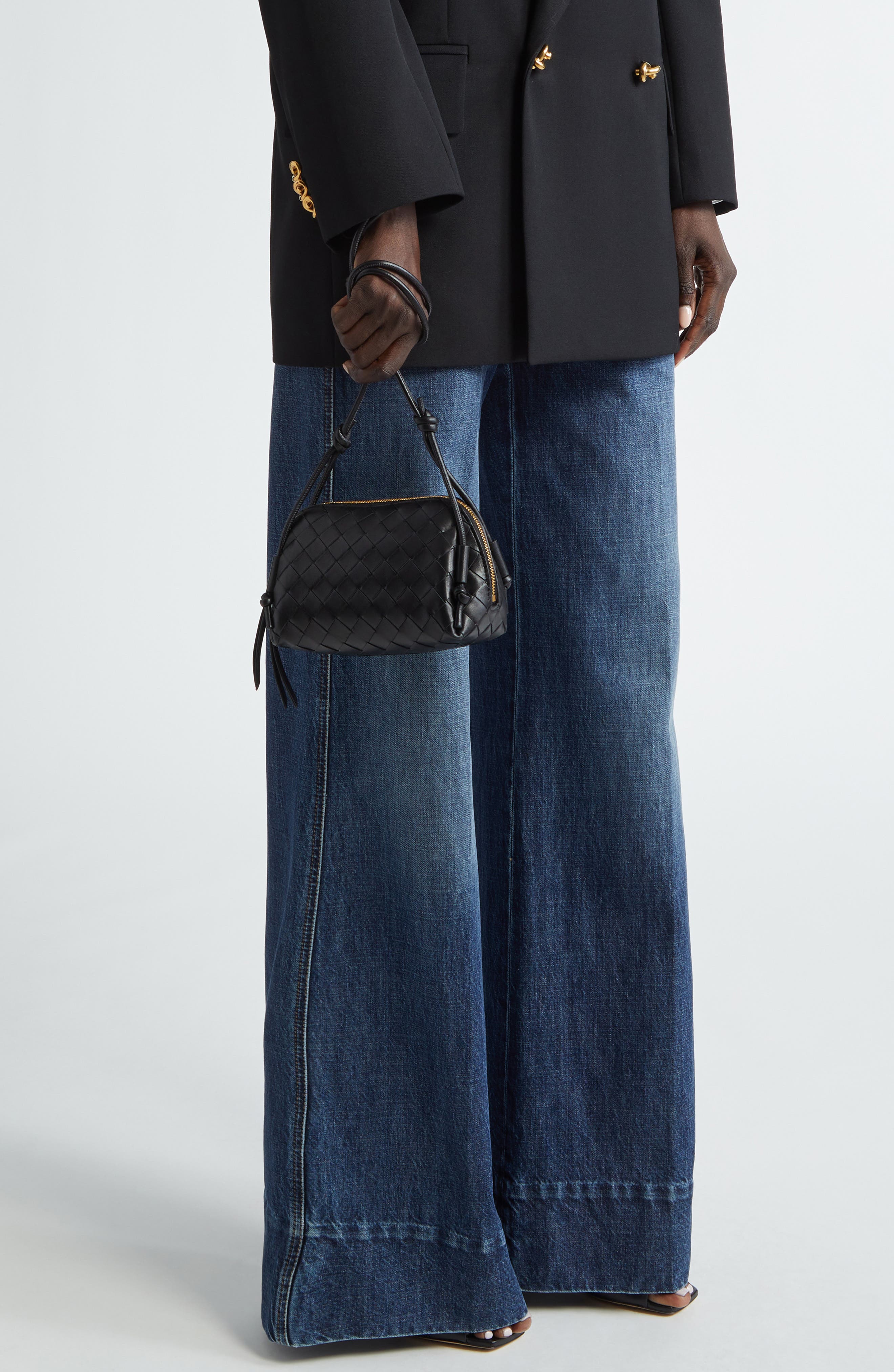 Bottega Veneta Mini Concert Intrecciato Leather Crossbody Bag, Alternate, color, 8425 Black-Gold