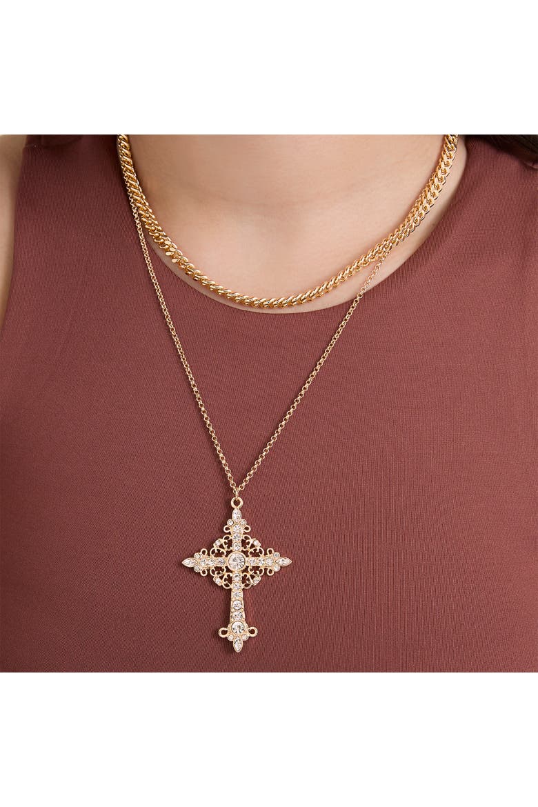 Layered Cross Necklace with Crystals, Alternate, color, Gold