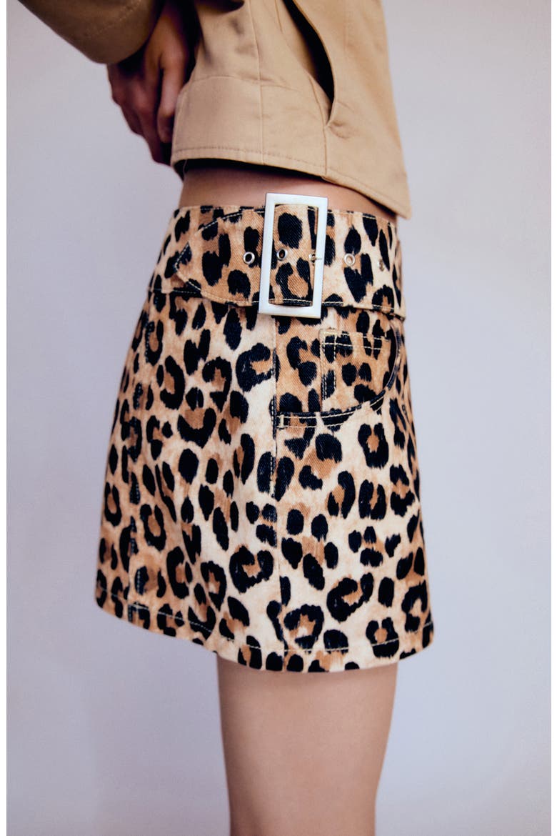 Leopard Print Denim Miniskirt, Alternate, color, BEIGE