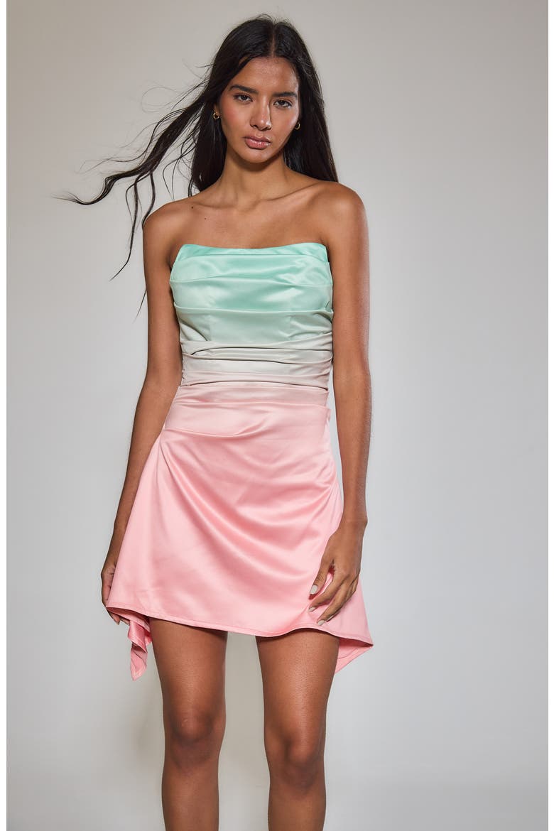 Ombré Strapless Corset Satin Cocktail Minidress, Alternate, color, GREEN/ PINK