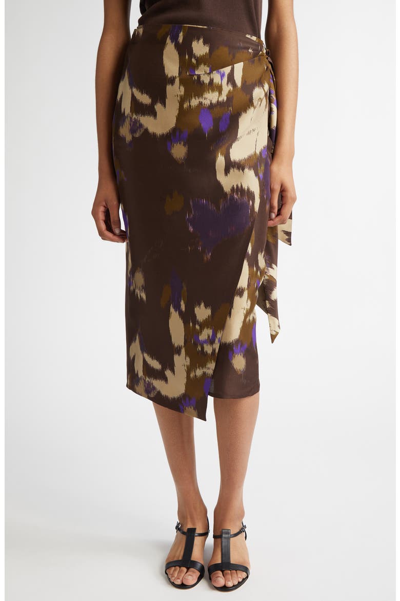Dritto Floral Shantung Silk Wrap Skirt, Main, color, COFFEE