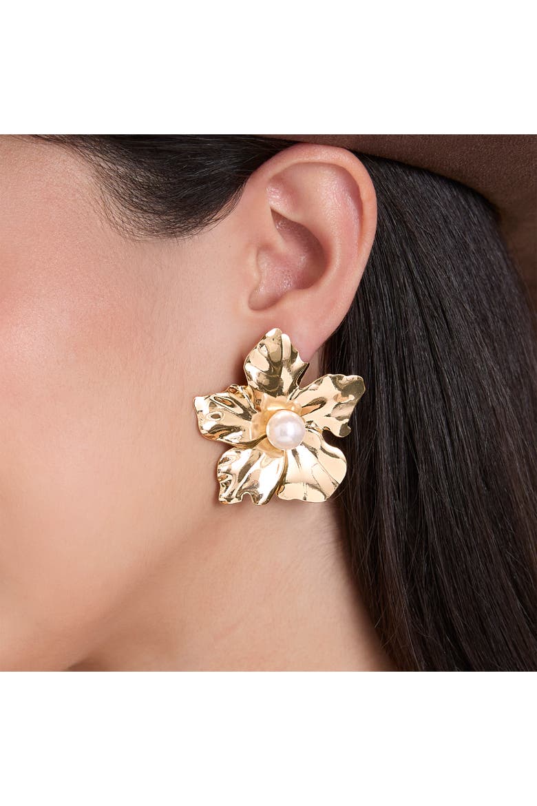 Flower Earrings with Pearl Center, Alternate, color, Gold