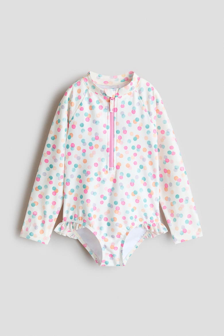 Long-sleeved Swimsuit, Main, color, White/dotted