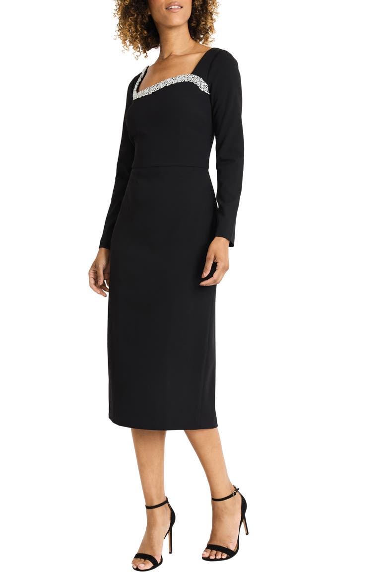 Beaded Long Sleeve Midi Dress, Alternate, color, BLACK