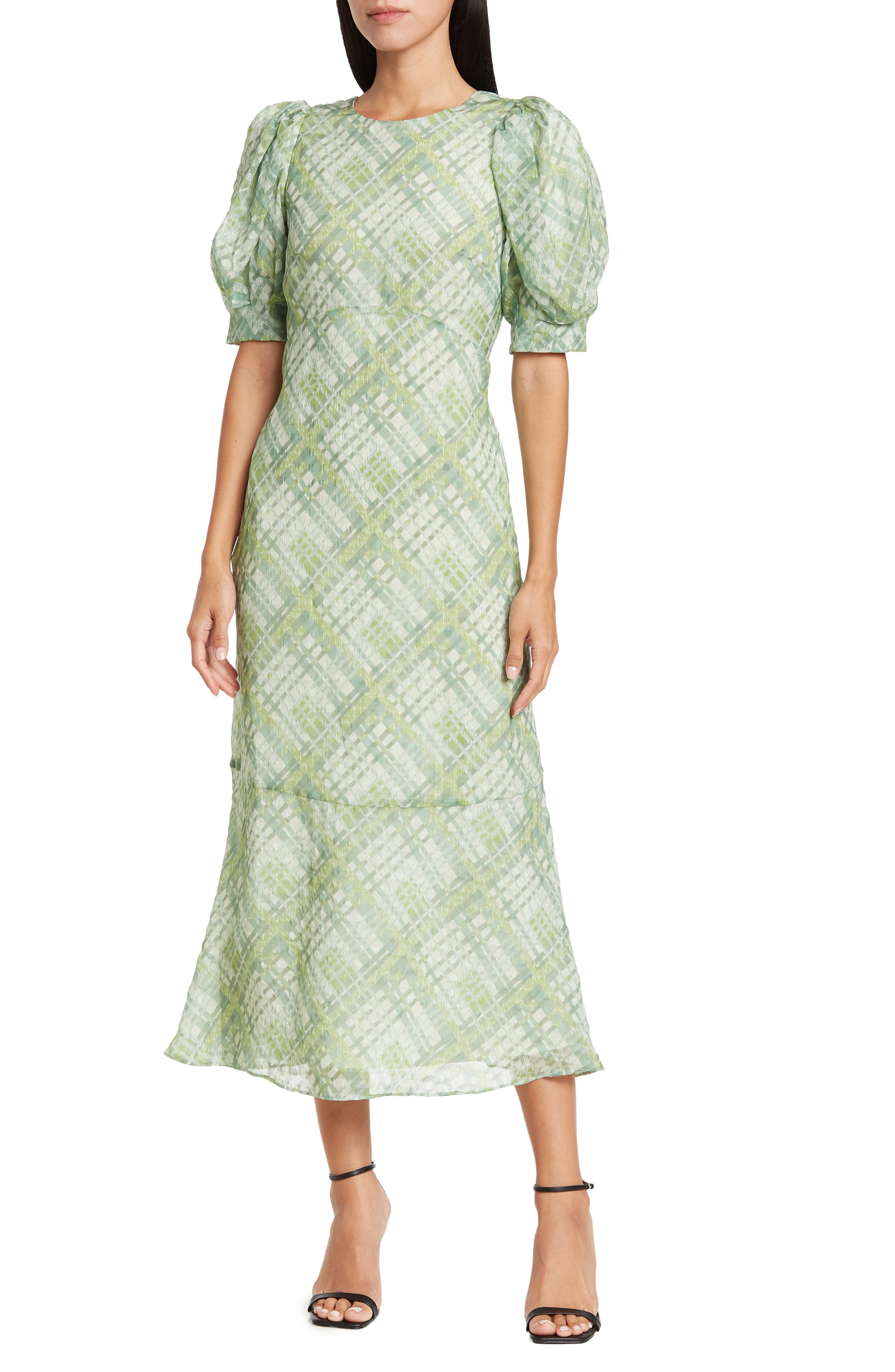 Ted Baker London Seersucker Check Puff Sleeve Flounce Hem Dress (Women ...
