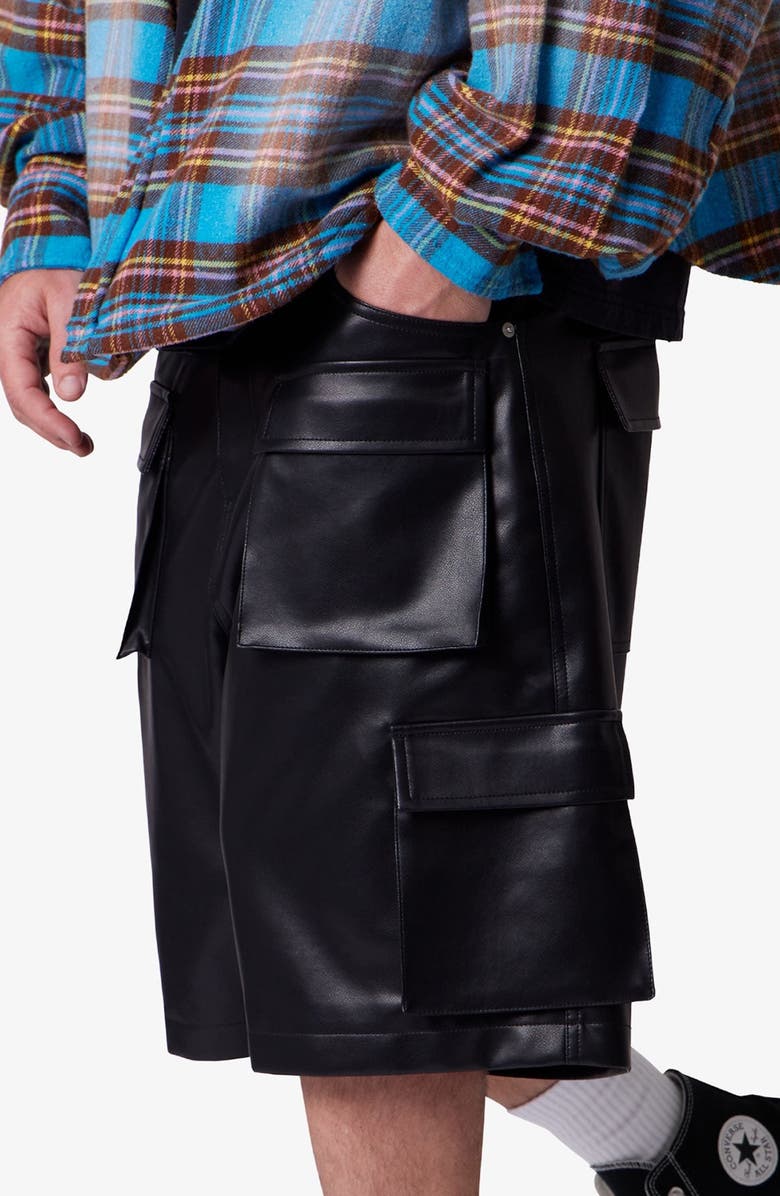 mnml Baggy Faux Leather Cargo Shorts, Alternate, color, Black