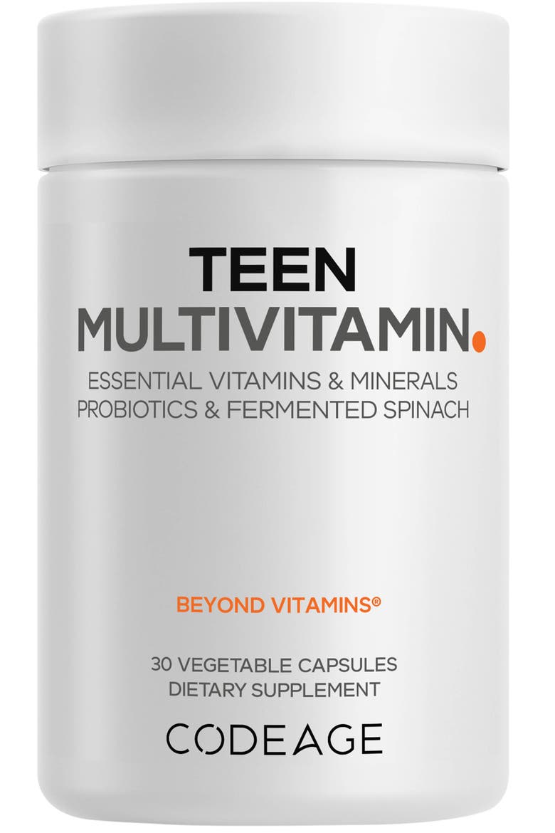 Teen Multivitamin, Vitamins A, C, D3, B6, B12, Iron, Zinc, Probiotics, Spinach Leaf, Main, color, white